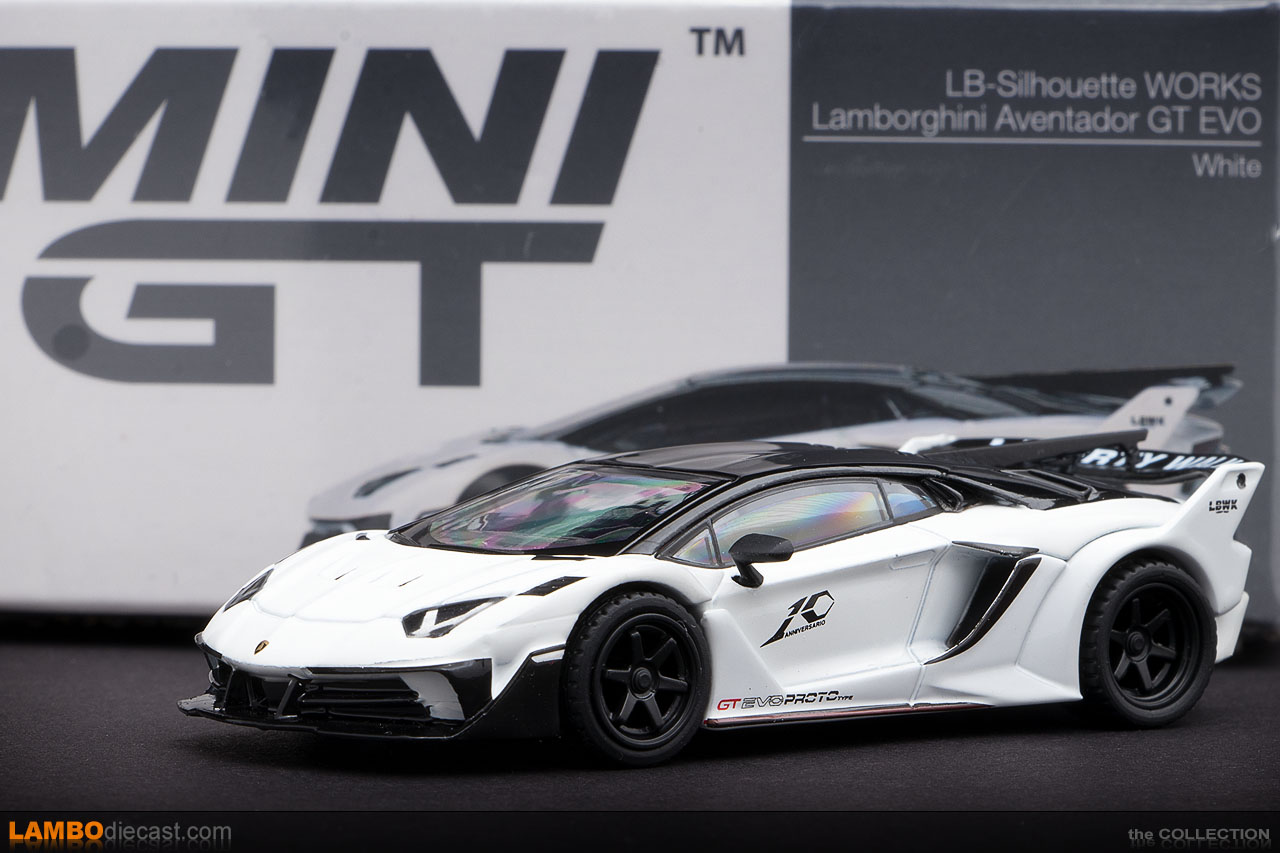 The 1/64 Lamborghini Aventador LB-Works GT EVO from Mini GT TSM, a
