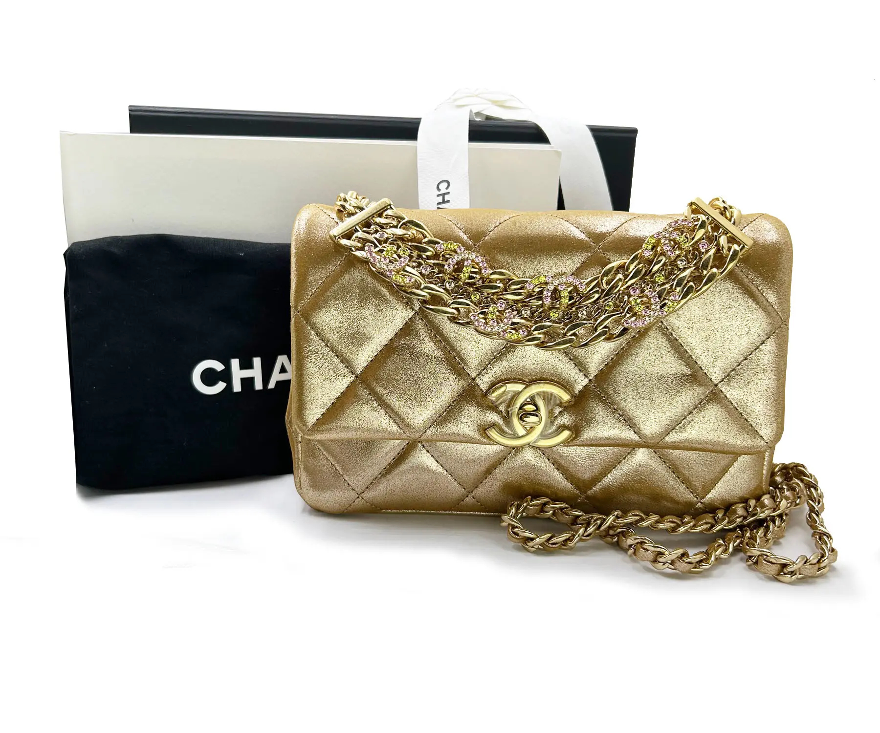 Chanel Gold Shimmer Crystal CC Handle Crossbody 2 Way Bag