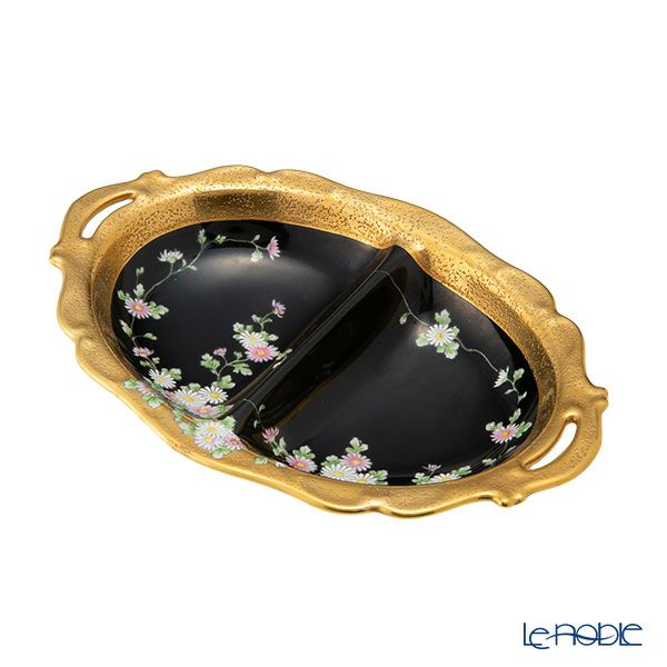 1点限り】オールドノリタケ 金エッチング 黒地白エナメル 花文 楕円