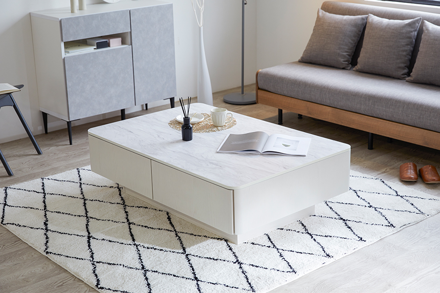 大容量リビングテーブル ホワイト×マーブルホワイト - ローテーブル