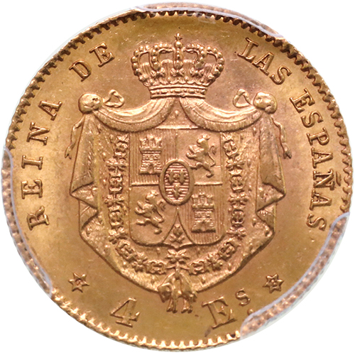 スペイン 1868年 イサベル2世 4エスクード金貨 マドリード PCGS MS62