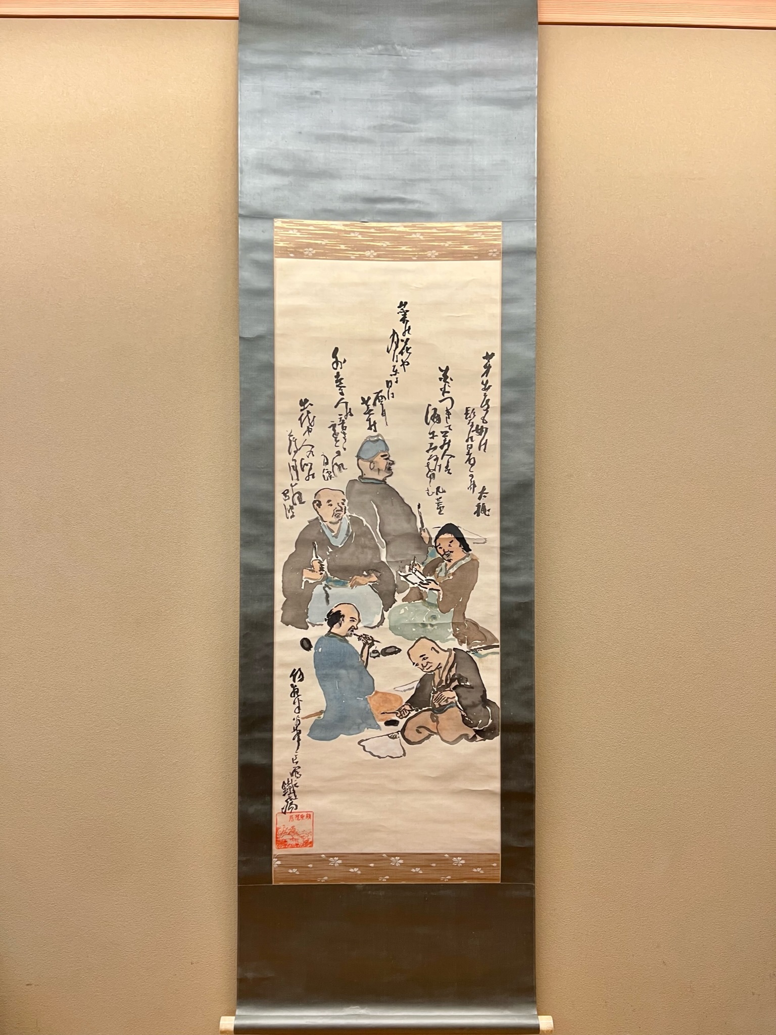 美品 掛け軸 浜田三郎作 塔のある風景図 共箱 太巻き付 水墨画 美品