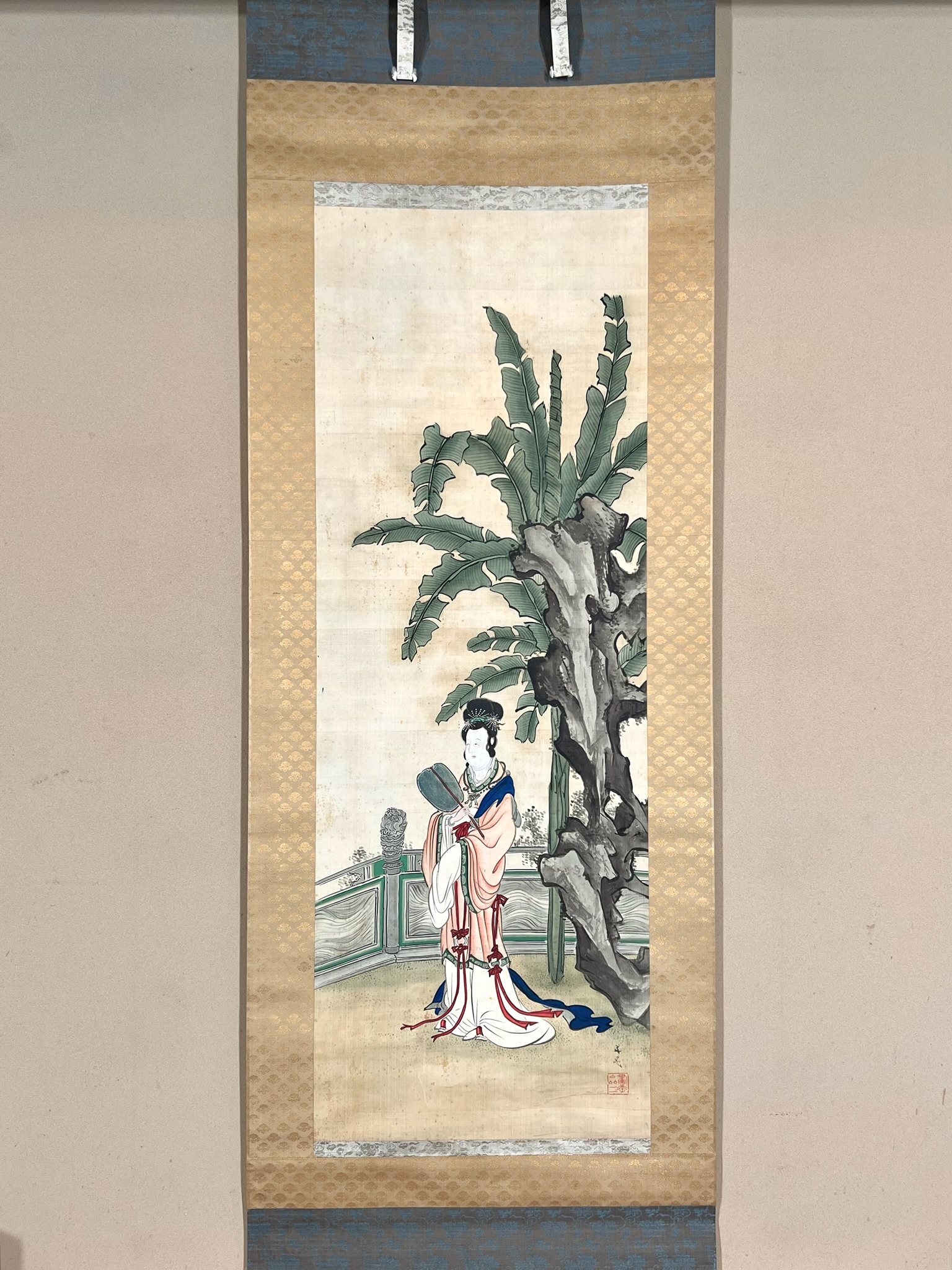 文人画家〔谷文晁他合作 肉筆絹本 花艸図〕掛軸 江戸 書画