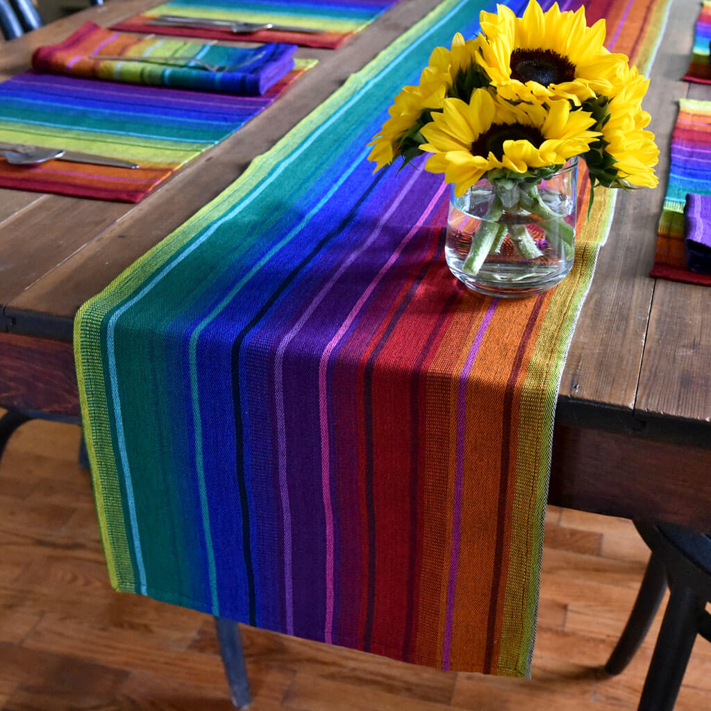 Hand Woven Striped Table Runner Rainbow Fair Trade Mayamam Weavers