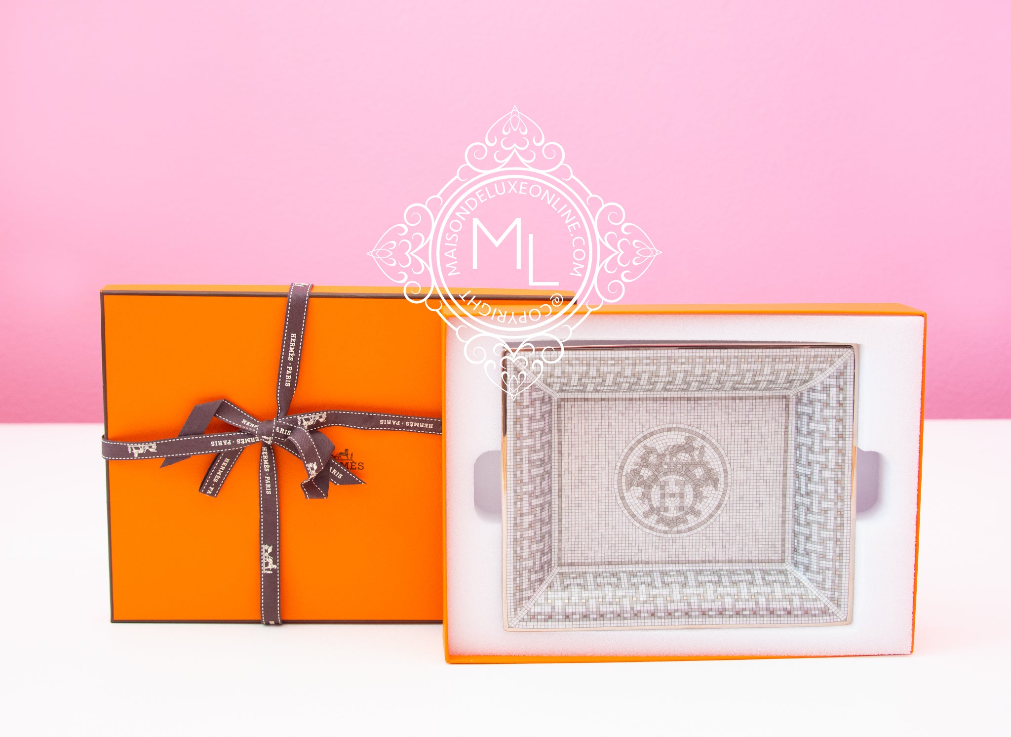 Hermes Classic Mosaique 24 Platinum Cigar Tray Ashtray Porcelain