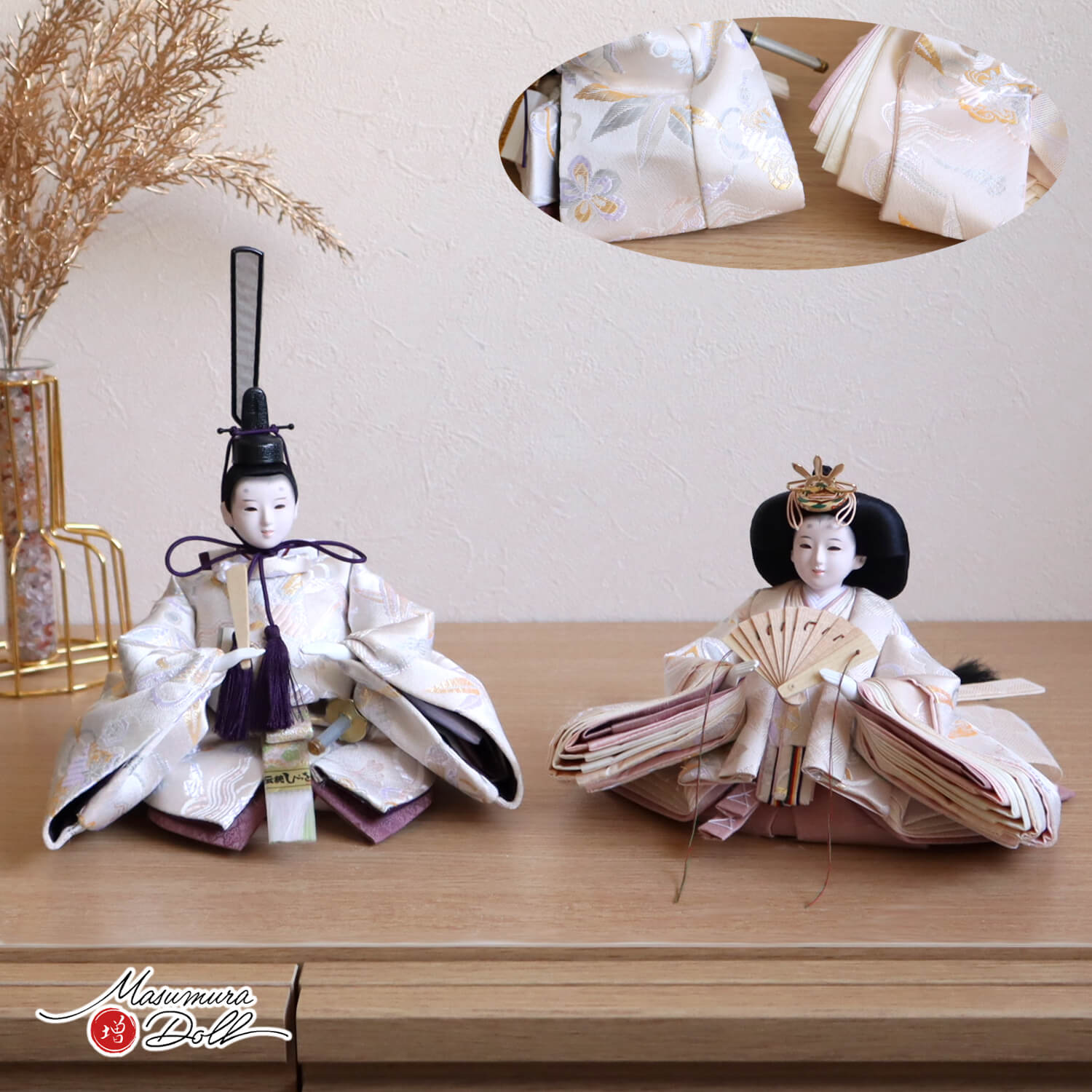 新作 吉祥紋 「白寿雛」無地扇 芥子親王飾り 京からかみ(菱唐草)屏風