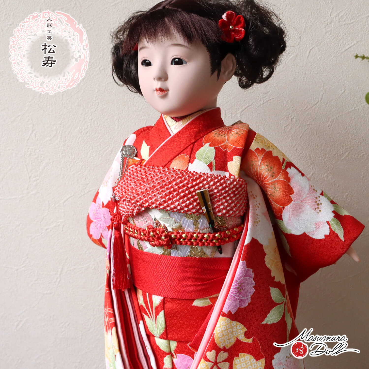 新作 市松人形 小出松寿作10号 京友禅「桜尽くし」赤衣装 かわいい