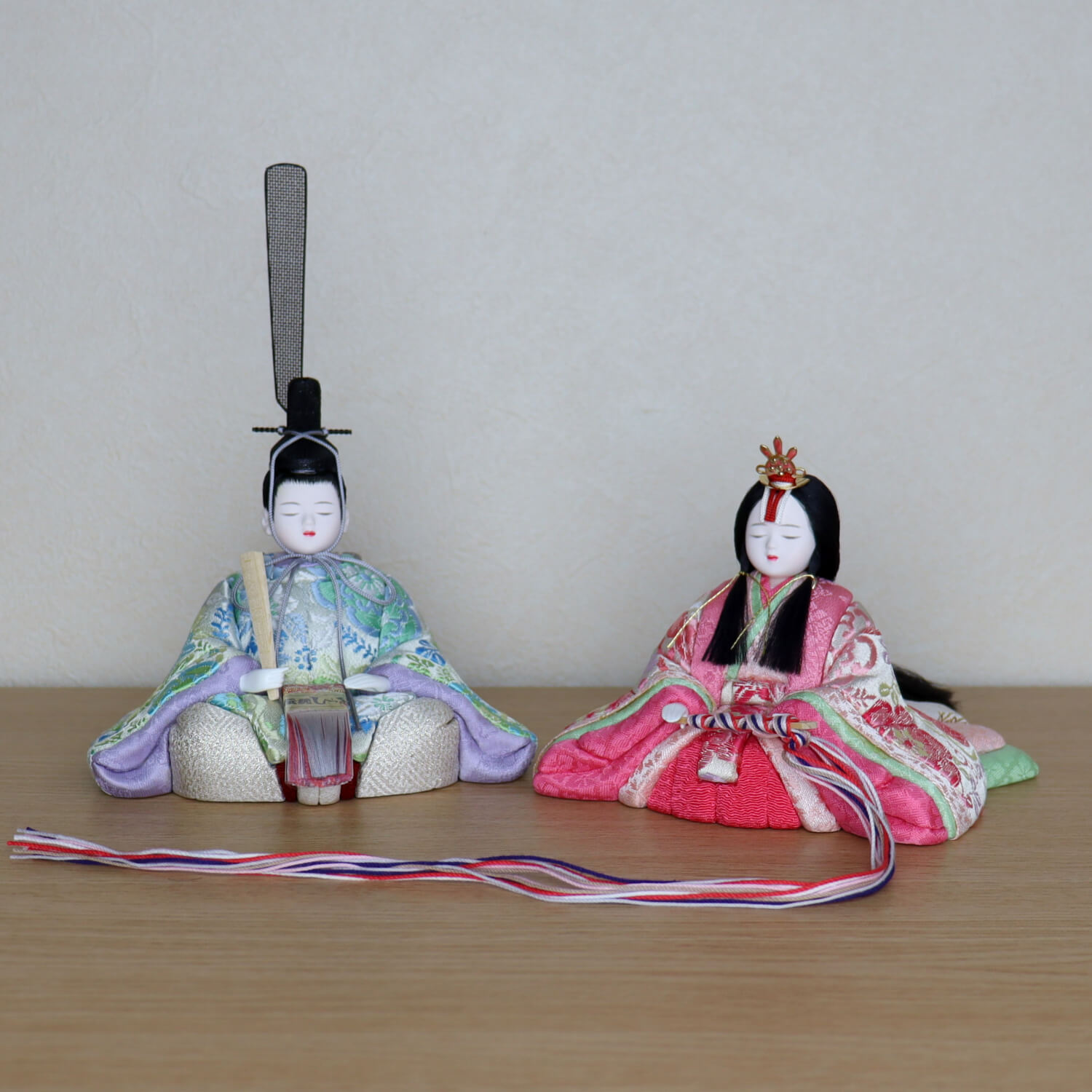 木村一秀作 安土雛 五人飾「福梅」二曲一双屏風 木製燭台 半円