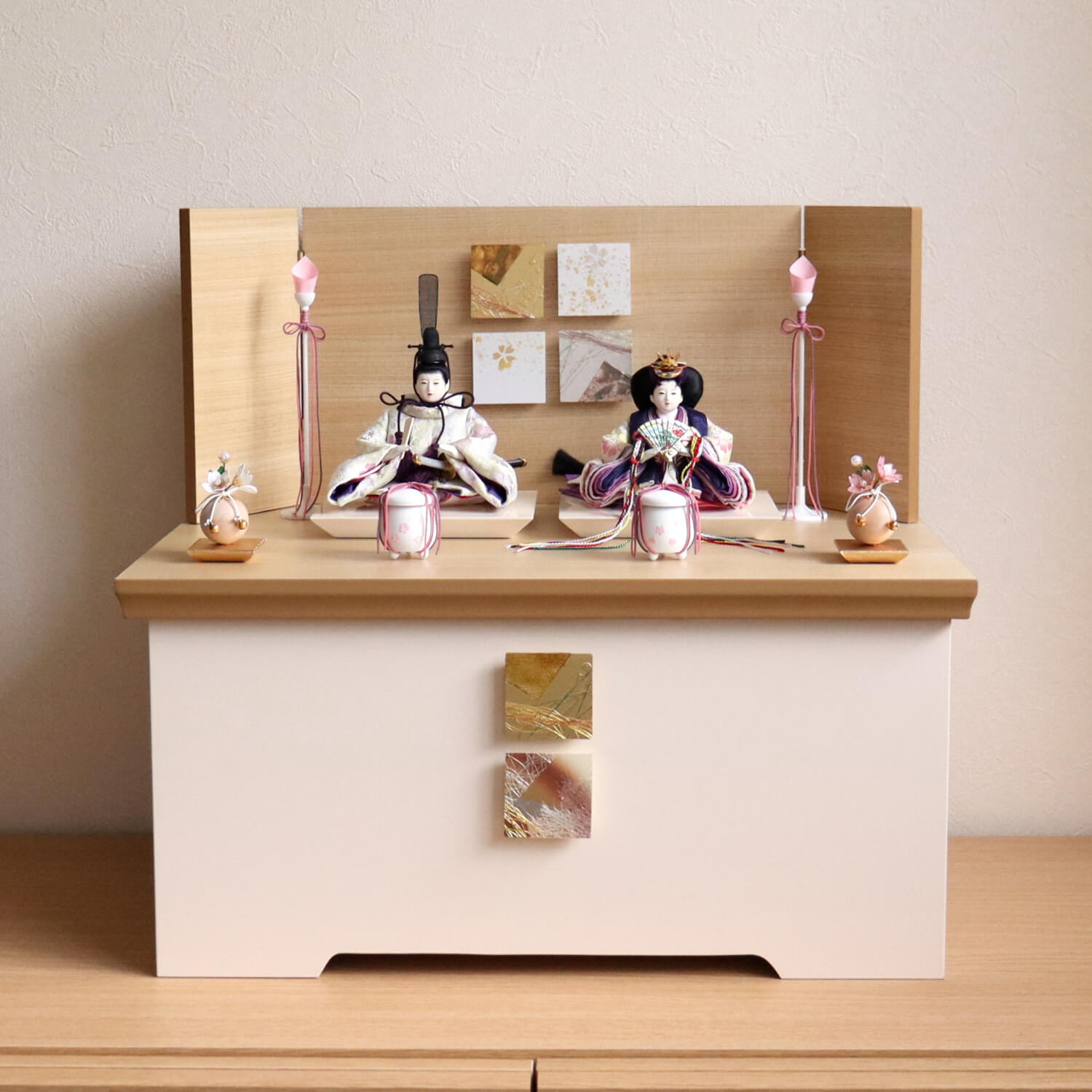 華峰作 柳 桜紫クリーム色 木製白塗燭台 貝桶 クリアフラワー桜