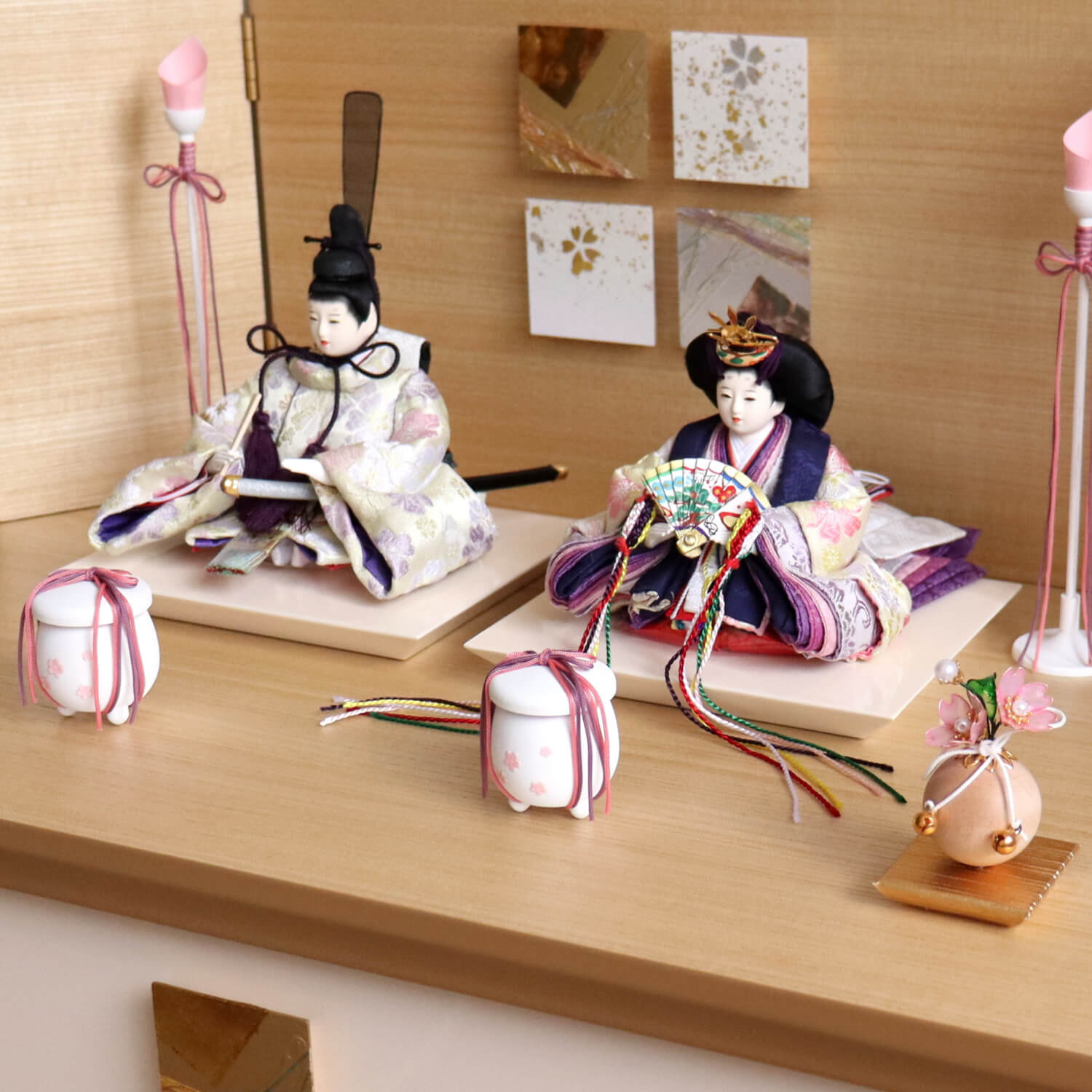 華峰作 柳 桜紫クリーム色 木製白塗燭台 貝桶 クリアフラワー桜