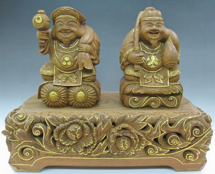 欅 恵比寿大黒 日本彫刻 仏師 藤井崇護作 截金仕上 在銘 古代仏像彫刻