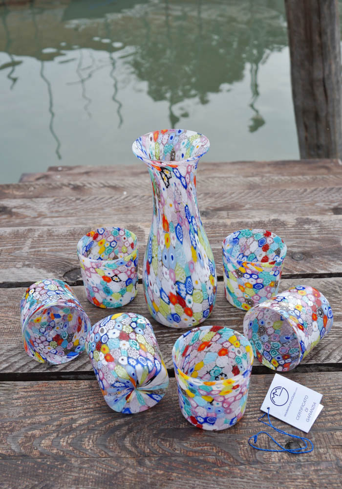 Set Of 6 Murano Drinking Glasses + Jug With Murrina Millefiori