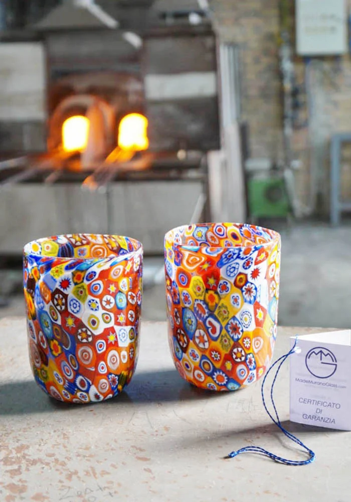 Mosa - Set Of Two Murano Drinking Glasses With Murrina Millefiori