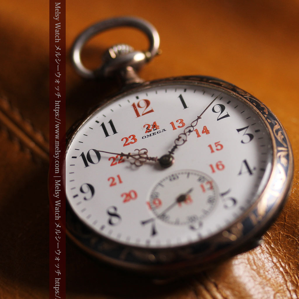 オメガの銀無垢アンティーク懐中時計・ニエロ黒金装飾 【1917年頃