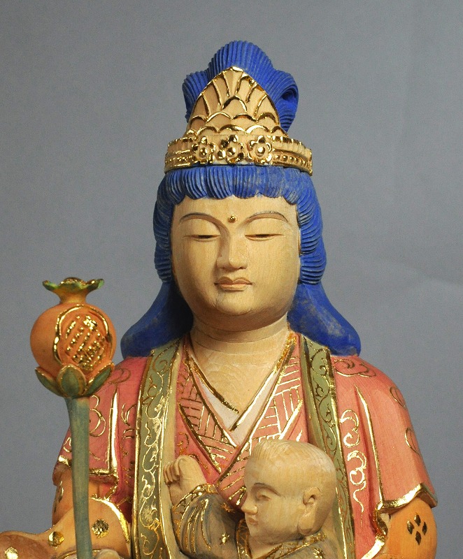 木彫仏像 子安鬼子母神立像 総高36cm 桧材 淡彩色仕上 木彫仏像の