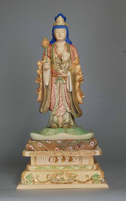 木彫仏像 子安鬼子母神立像 総高36cm 桧材 淡彩色仕上 木彫仏像の