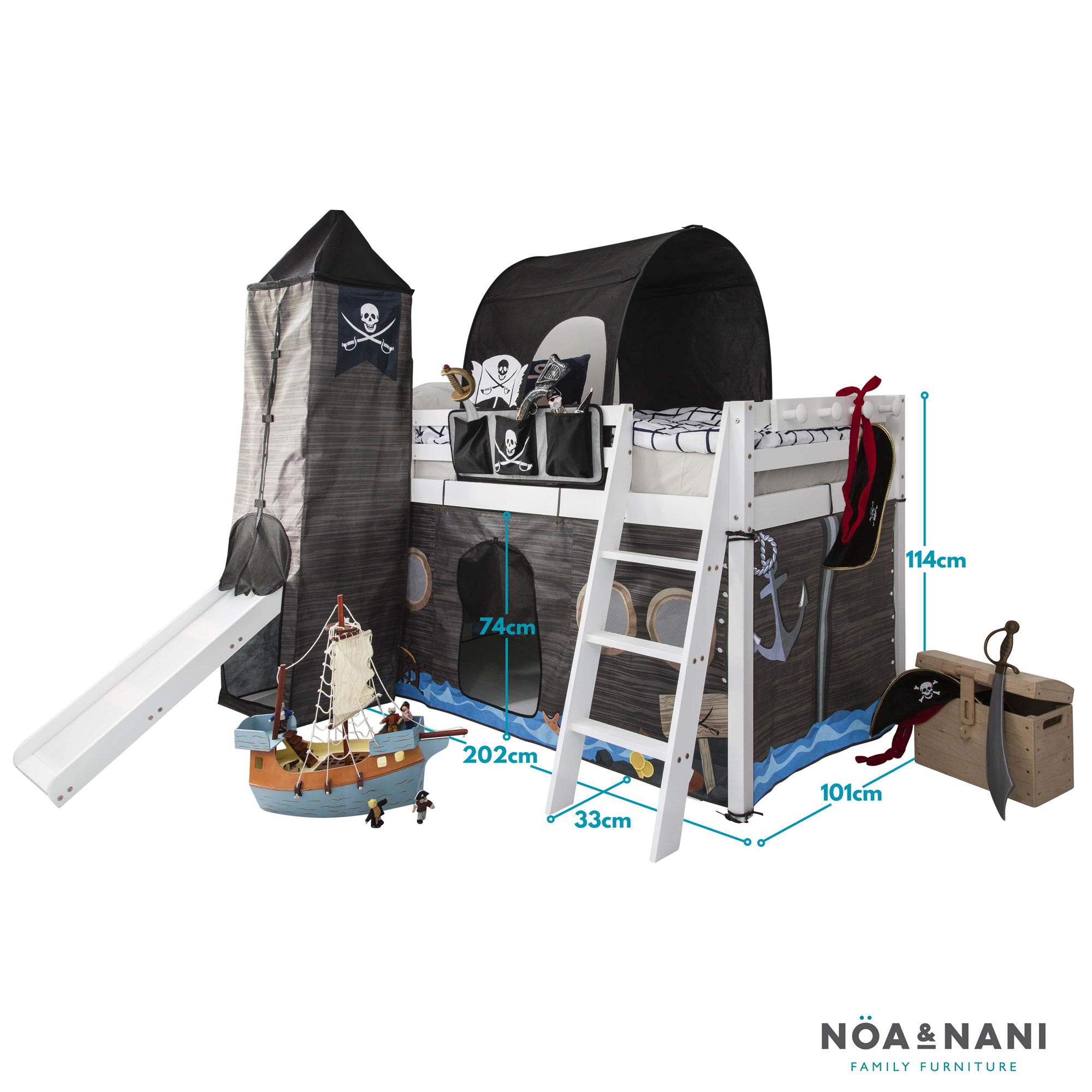 Cabin Bed with Slide Midsleeper Kids Pirate Hideaway with Tent