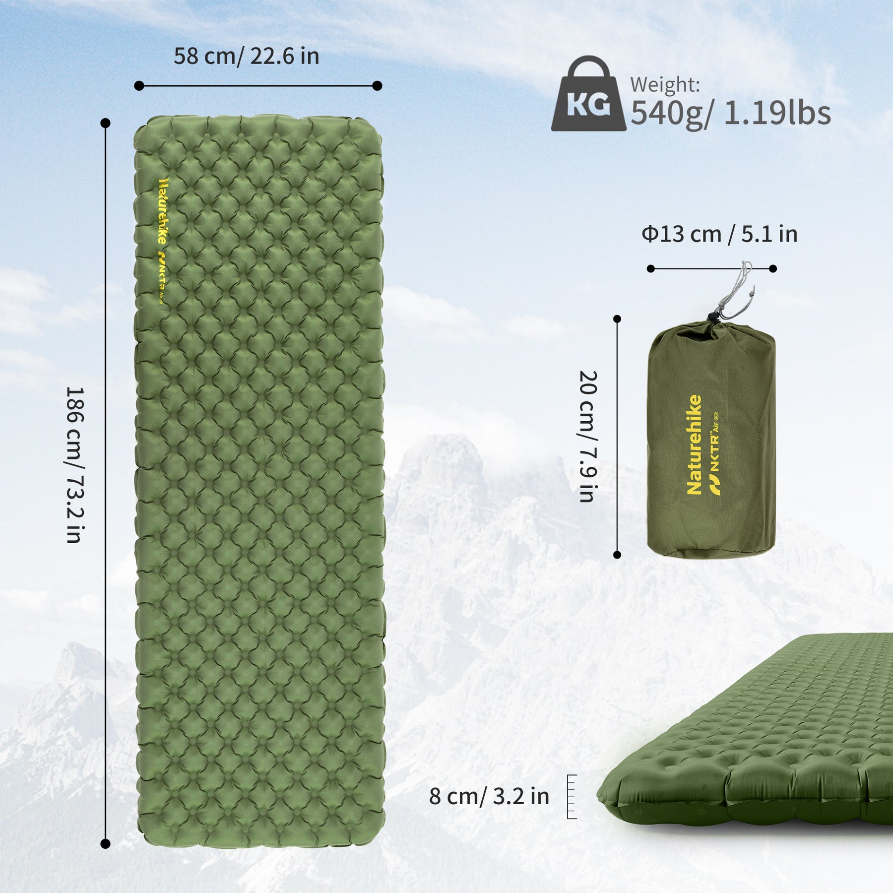Naturehike Ultralight Insulated Sleeping Pad 25oz, 4.6R, with Pump Sac