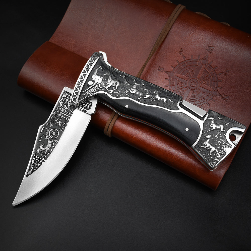 Nedfoss Horse Pocket Folding Knife,440C Blade and Engraved Handle