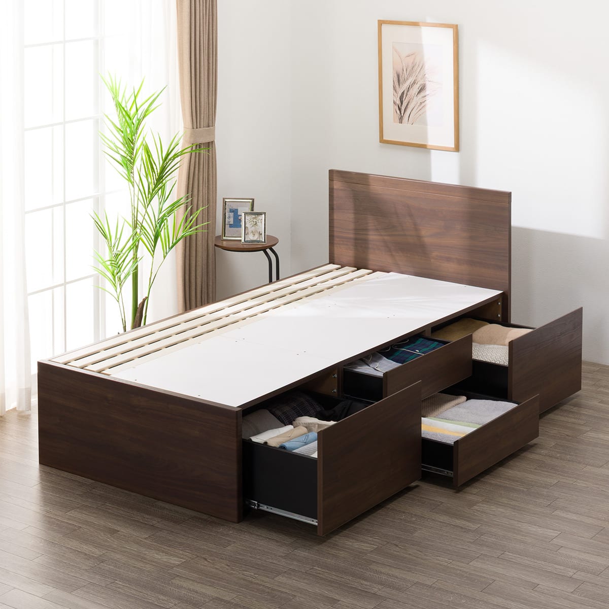 大容量収納付き】すのこチェストベッドフレーム(シングル N-ジオF-DP