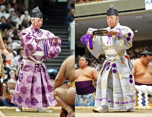 木村庄之助＆式守伊之助 横綱から贈られた装束を横綱土俵入りでしか