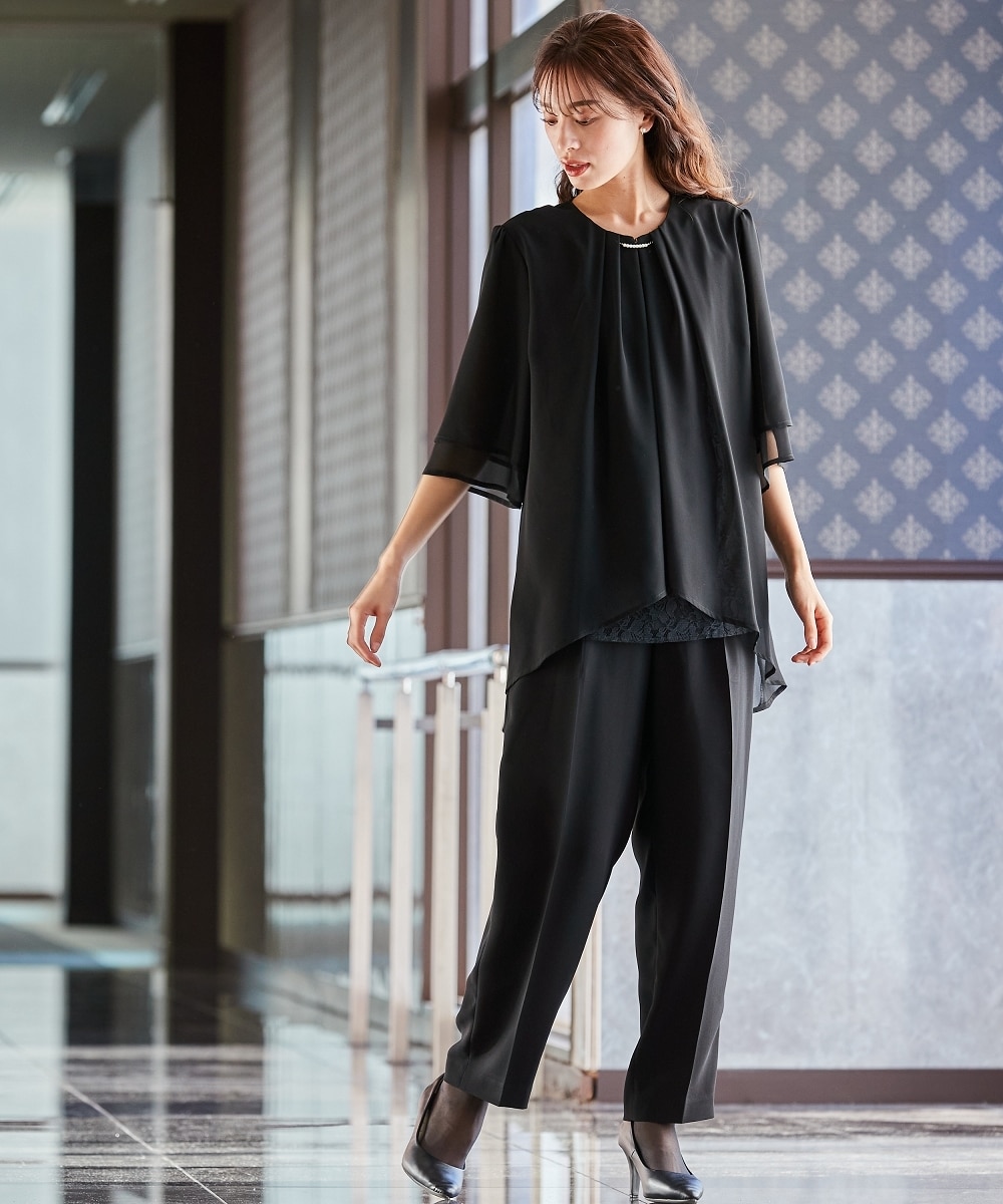 喪服・礼服】洗える防しわフロントレース使いドレープシフォンブラウス