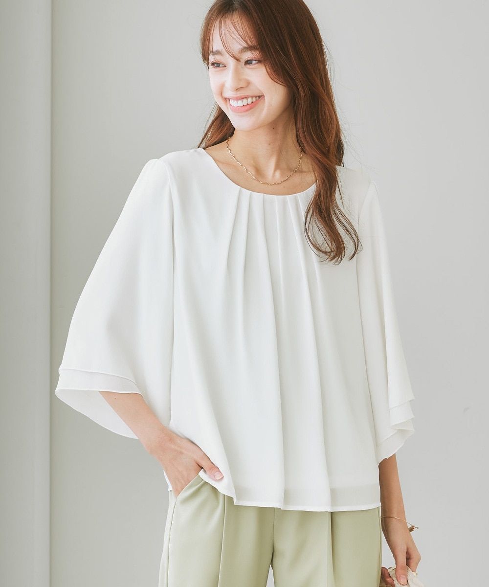 カットソー裏地付】ジョーゼットフレア7分袖ブラウス<大きいサイズ有