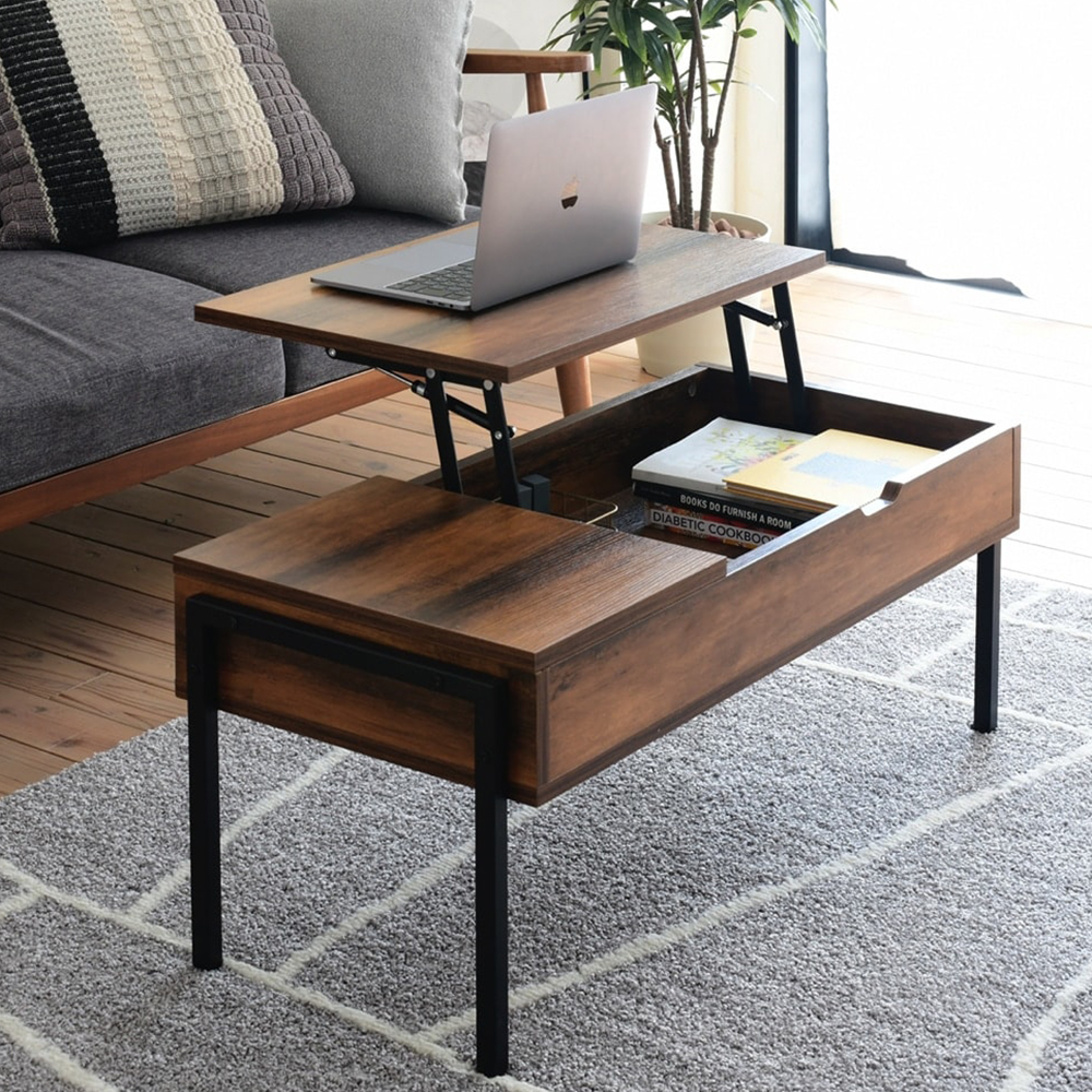 天板昇降式引き出し収納付きリビングテーブル（ハイタイプ）【動画あり