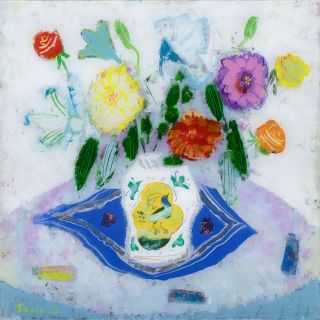 Y338 佐藤泰生 油彩画 「ダリアと百合と薔薇」 ガラス絵 日動画廊取扱　J