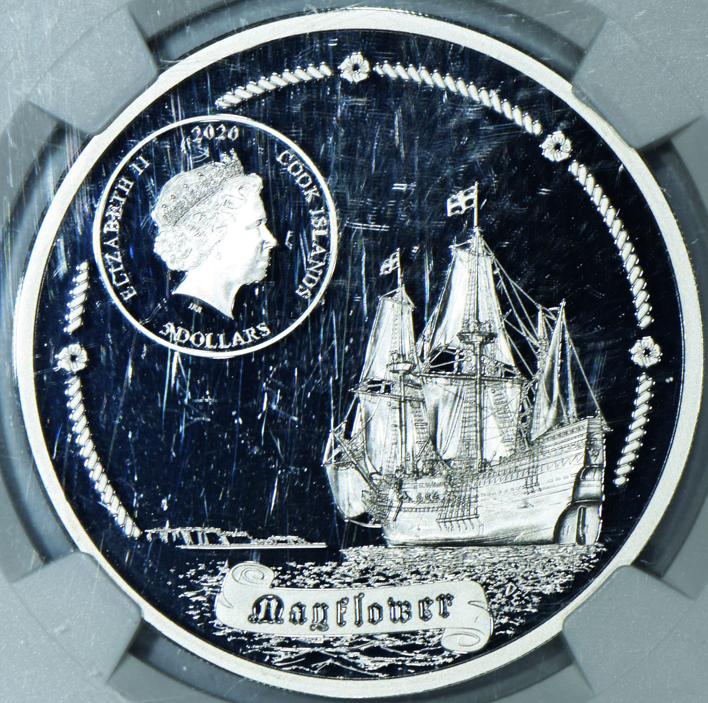 2020 Silver Cook Is. Mayflower $5 NGC PL70; Everhart Signed