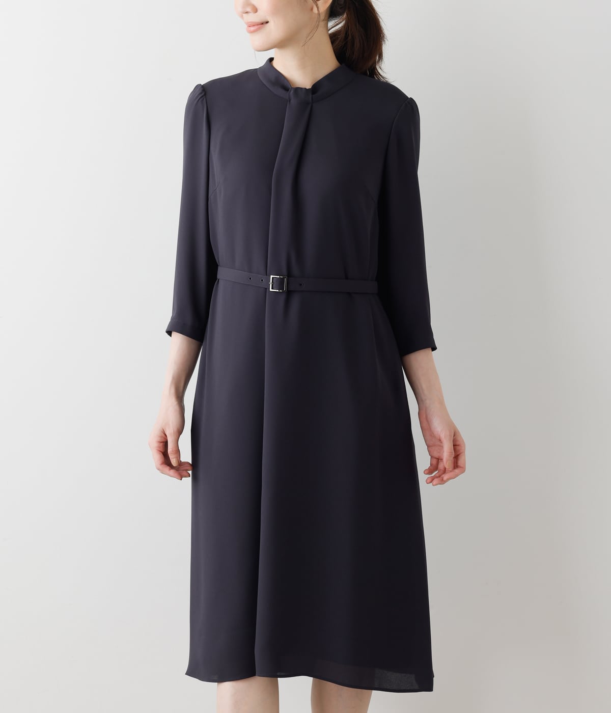 L】ポリエステルソフトクロス 7分袖ボウタイ風ワンピース(54443155