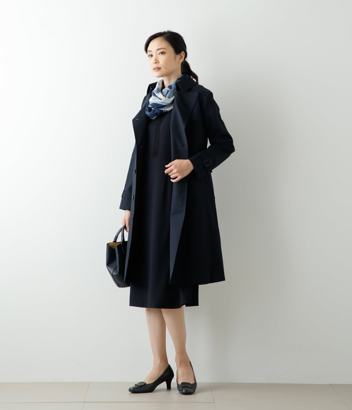 L】ポリエステルライトジョーゼット ピンタックフレアワンピース