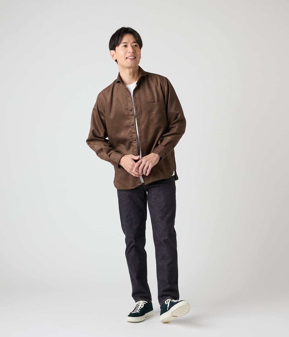 ウォッシャブル】マイクロスエード 長袖カッタウェイカラーシャツ