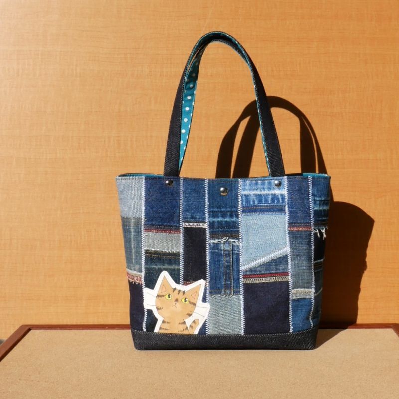 No.527デニムリメイクバッグ トートバッグ キャットインディアン No