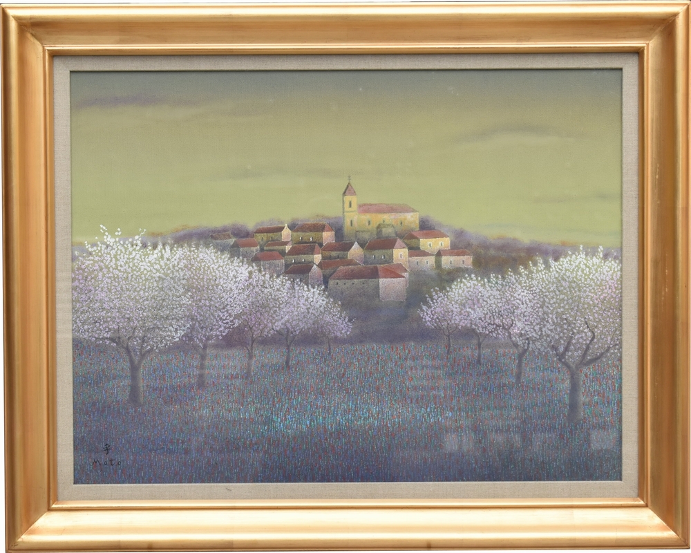元村平の油彩画 ≪あんず咲く≫ フランス風景 絵画の販売と買取 ｜小川