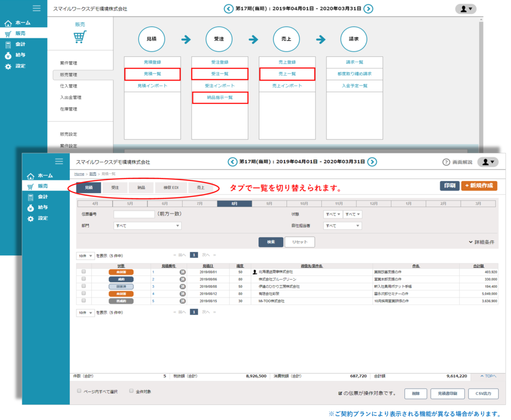 見積一覧・受注一覧・納品一覧・検収EDI一覧・売上一覧の基本の操作
