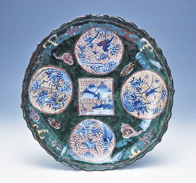 色絵山水竹鳥文輪花大皿 一枚 （附）色絵山水竹鳥文輪花大皿 一枚 - さ