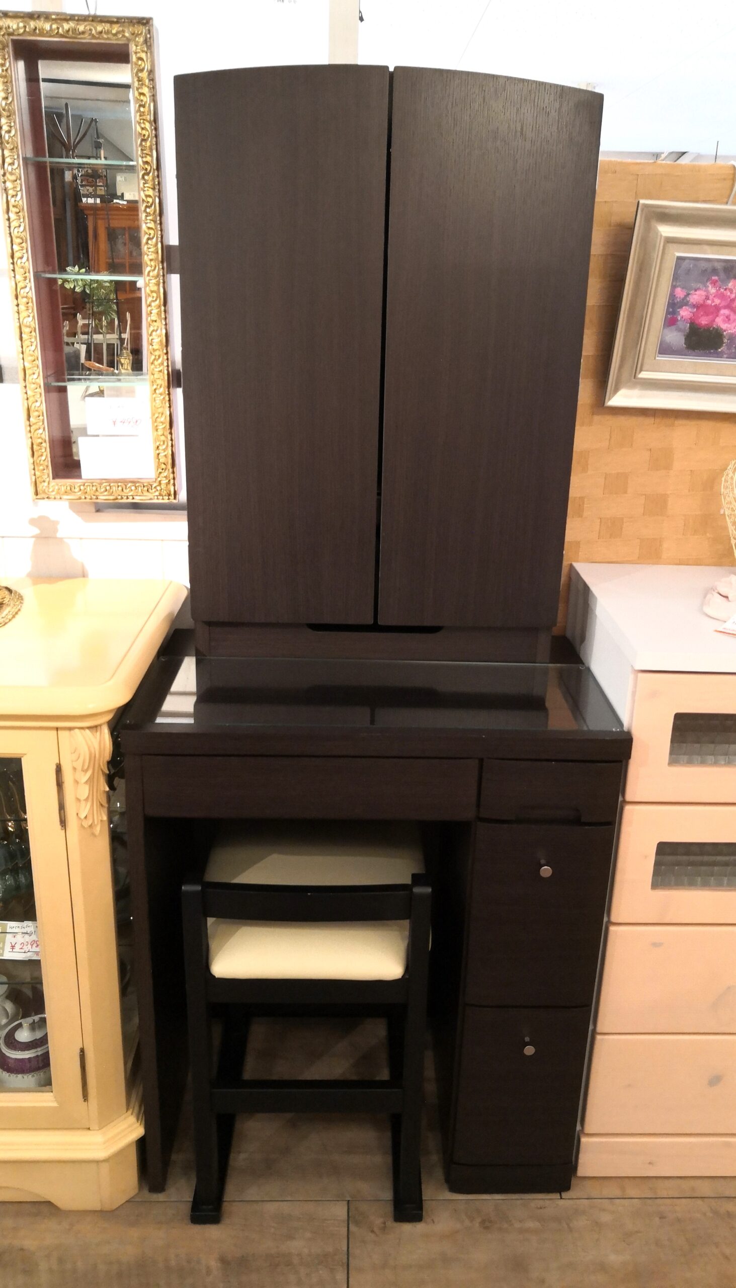 中古品 】NITORI ニトリ ダークブラウン 三面鏡 鏡台 収納付き チェア