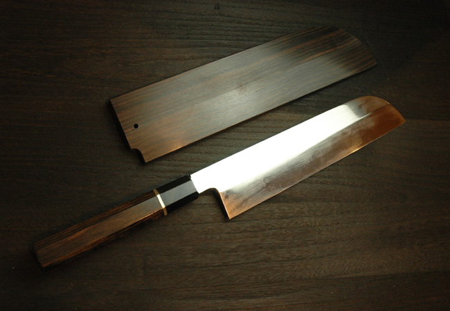 鎌薄刃包丁 水本焼 9寸 黒檀 鞘付 【包丁の＠堺英】