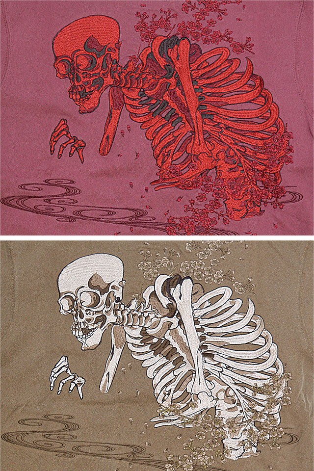 桜髑髏ピグメント半袖Tシャツ 絡繰魂 242079 和柄 和風 刺繍 さくら