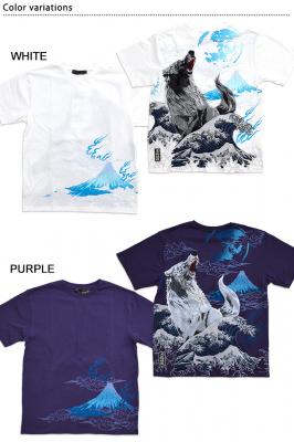 狼×激浪半袖Tシャツ 絡繰魂 212062 和柄 和風 刺繍 オオカミ 荒波