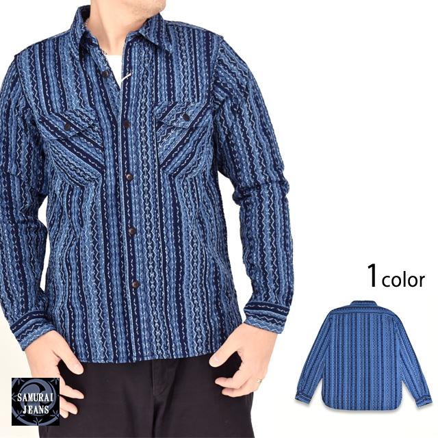 藍刺し子ストライプ長袖シャツ サムライジーンズ SSS25-SKS SAMURAI