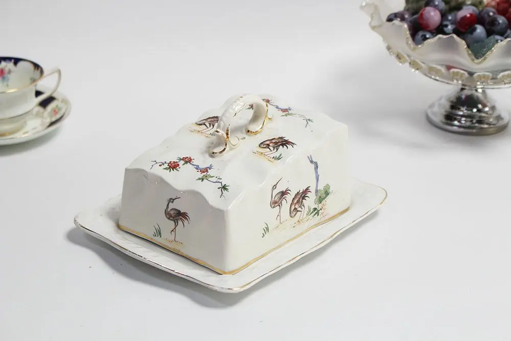 アンティーク チーズディッシュ イギリス 陶器製 鳥 蓋付チーズ皿