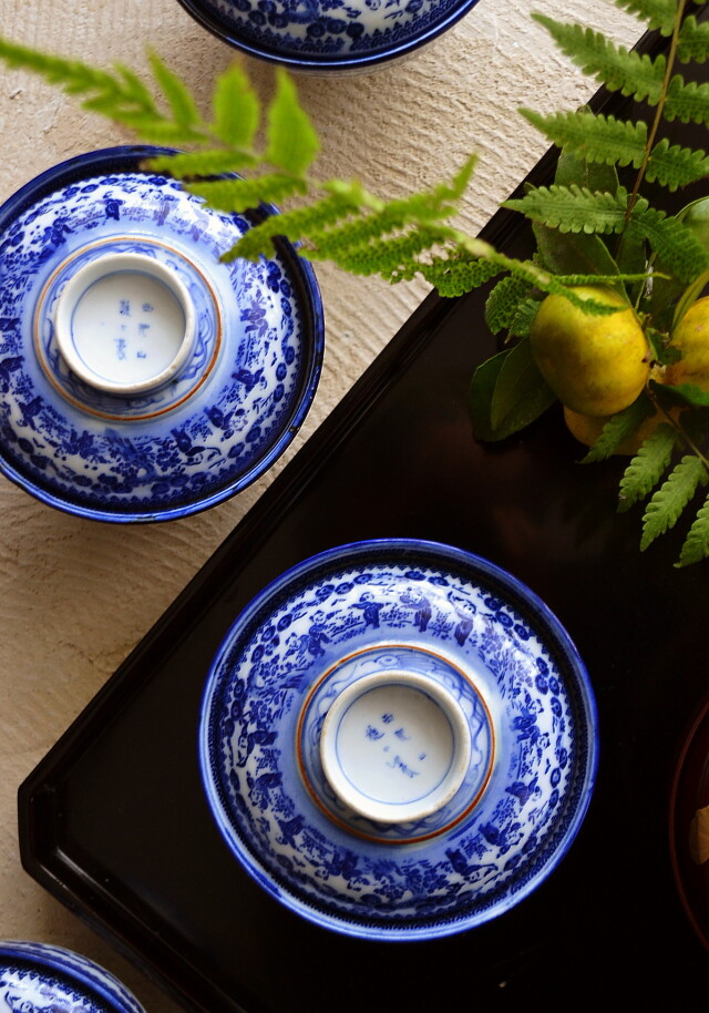 Antique Sam's Collection染付印判唐子紋蓋付茶碗