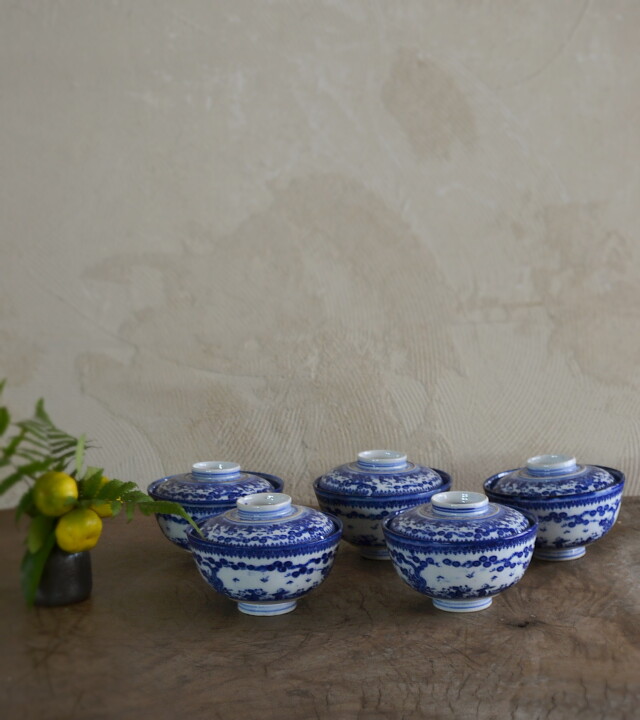 Antique Sam's Collection染付印判唐子紋蓋付茶碗