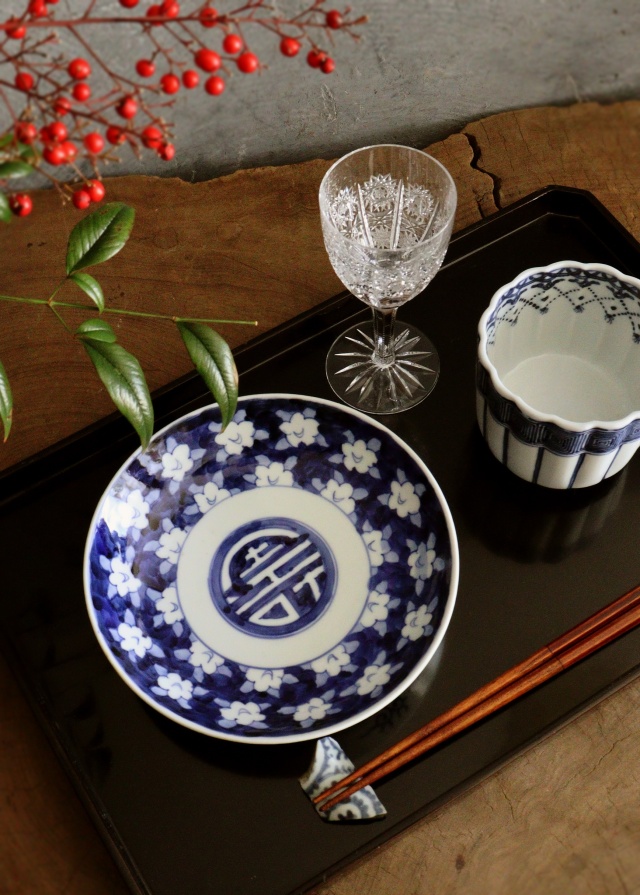 染付手書き寿文花図1cm皿 5枚組 櫛高台 取り皿 盛皿 中皿 プレート