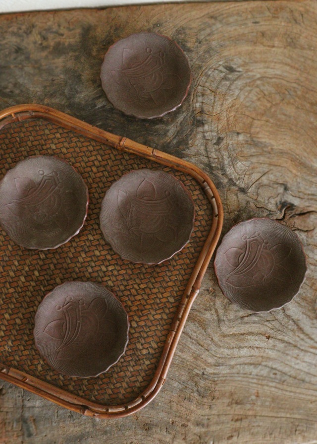 備前焼 煎餅皿 橘と丁子紋様 五枚組 豆皿 小皿Antique Sam's Collection