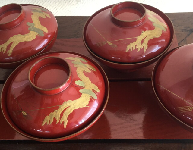 Antique Sam's Collection朱漆塗松金蒔絵碗五客組