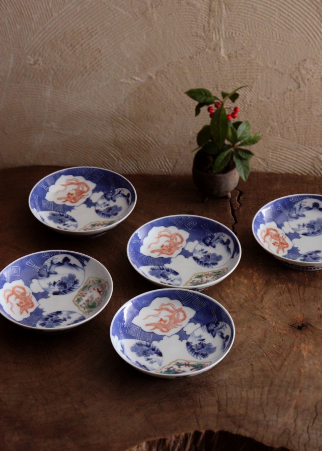 平戸焼 禮弓作色絵皿 5枚組 鳳凰龍紋色絵五枚組 鍋島皿 小皿