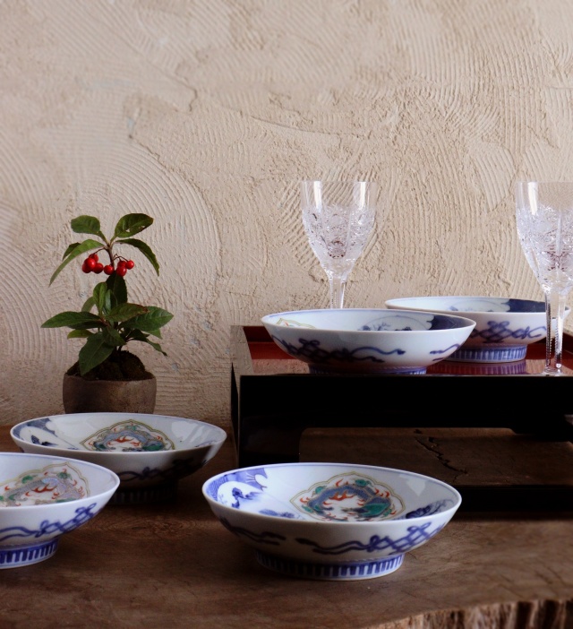 平戸焼 禮弓作色絵皿 5枚組 鳳凰龍紋色絵五枚